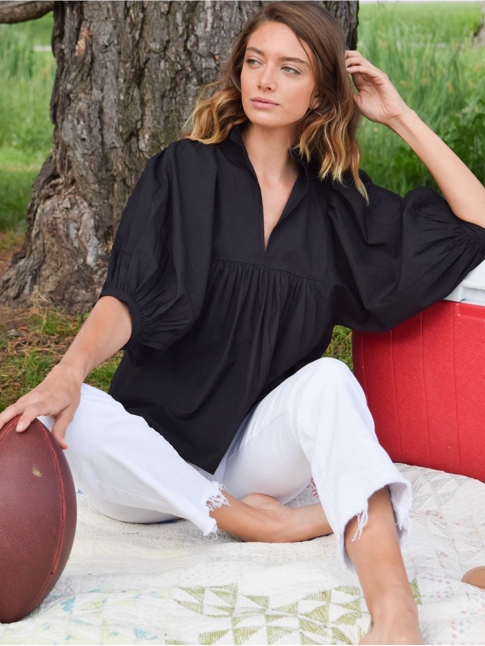 Black Balloon-Sleeve Split-Neck Blouse